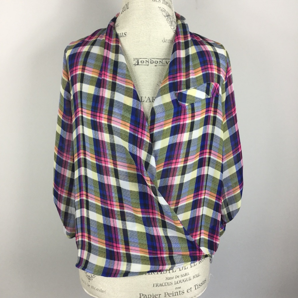 Sugarmint draped front semi sheer plaid blouse